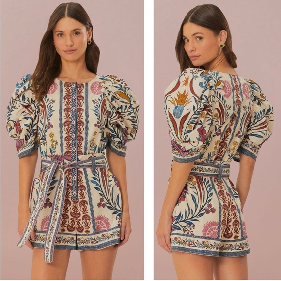NWT FARM Rio Romantic Lightness Puff Short Sleeve Romper in Blue Pattern Size S - Picture 5 of 16